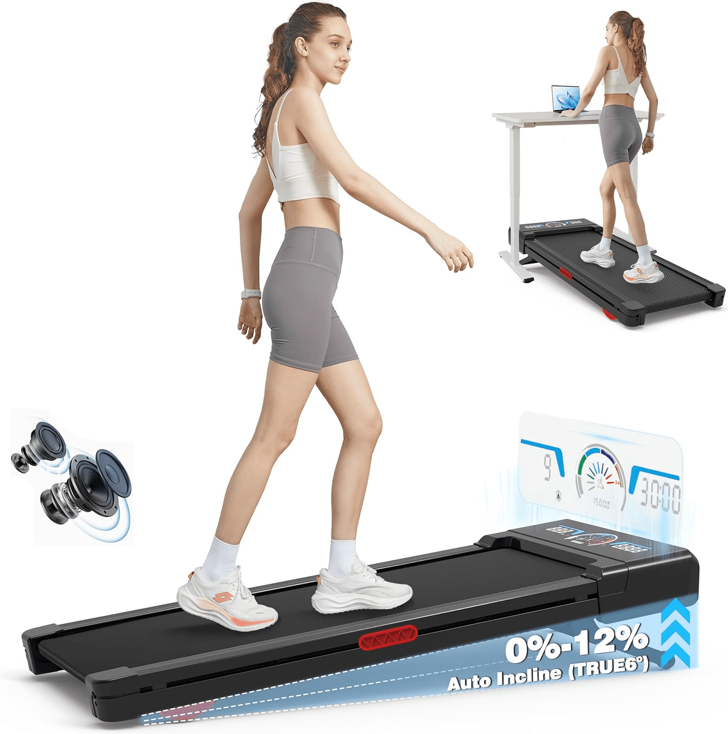 71sH9 gxMdL._AC_SL1500 Walking Pad Treadmill with 12% 9-Level Auto Incline, 450 lbs Capacity RGB LED Screen, Bluetooth Speaker , Compact Treadmills for Home Hiking, Black - Image 1