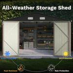 10x14 FT Storage Shed, Outdoor Metal Steel Garden Shed with Lockable Door and Sloping Roof, Large Outside Utility Tool Sheds for Backyard Garden Patio, Brown - Image 7