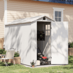 Patiowell 4x8 FT Plastic Outdoor Storage Shed with Floor, Garden Tool Resin Storage Shed with Two Windows and Single Lockable Door for Garden, Backyard, Lawn, Easy to Install, Light