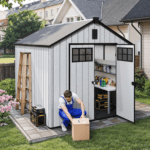 8x10 FT Outdoor Storage Shed with Floor, Plastic Garden Shed for Bikes, Tools, Resin Shed with Lockable , Windows, for Patio, Lawn, Backyard, Gray