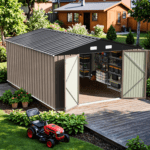 10x14 FT Storage Shed, Outdoor Metal Steel Garden Shed with Lockable Door and Sloping Roof, Large Outside Utility Tool Sheds for Backyard Garden Patio, Brown