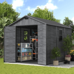 Outdoor Resin Storage Shed 8 x 10 FT, Plastic Storage Shed with Floor Large Outdoors Garden Tool Storage Shed Outside Clearance Shed with Lockable Door for Bike, Backyard, Patio, Dark Grey